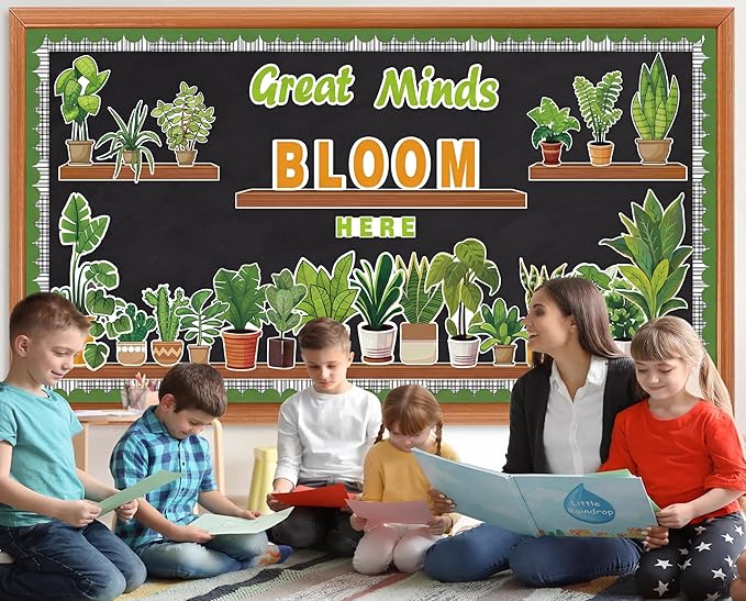 Greenery Bulletin Board Set – Potted Plant Motivational Cutouts with Great Minds Bloom Here – Classroom Decor for March, April, Library, Home, Window Walls & Teacher Party Supplies