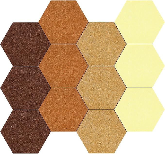 Vienrose Hexagon Felt Bulletin Board Self Adhesive Pin Board Wall Decoration Tiles with 35 Push Pins for Office Home and School, Yellow Series 12 Pack