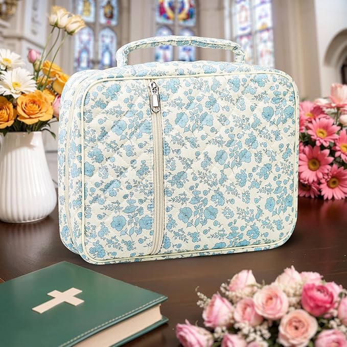 WOBAGMEN Bible Cover Case for Women,Large Bible Tote Bags Organizer Quilted Carrying Case for Girls,Bible Study Supplies Accessories Christian Gifts for Women (Blue Floral, L)