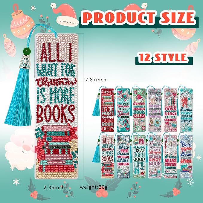 12 Pcs DIY Christmas Diamond Art Bookmark for Adults Flower Cross 5d Diamond Painting Bookmarks with Tassel for DIY Making Kit for Reading Lover Book Lover DIY Crafts Santa Gifts