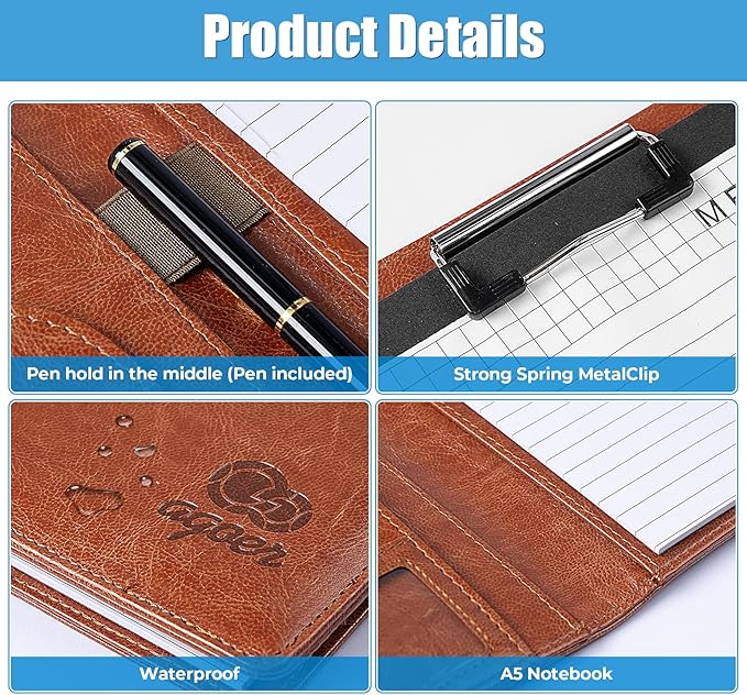 Agoer A5 Clipboard Folder Portfolio,Faux Leather Interview Resume Folder,Magnetic Padfolio with Papers,Sticky Tabs,Storage Clipboard for Cover for Legal Pad for Resume Office Conference,Red Brown