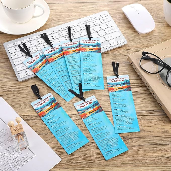 50 PCS Romans Road to Salvation Bookmarks King James Version Translation Romans Road Bookmark Cards Roman's Road to Salvation Bookmarks with 50 PCS Hanging Strings 6 x 2 Inches