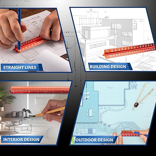 Stylo 12" Aluminum Architect Scale Ruler Laser Etched Triangle Drafting Ruler, Color Coded Grooves for Blueprint, Drafting and Drawing, Architectural Scale Ruler for Blueprints (Red, Metric Units)