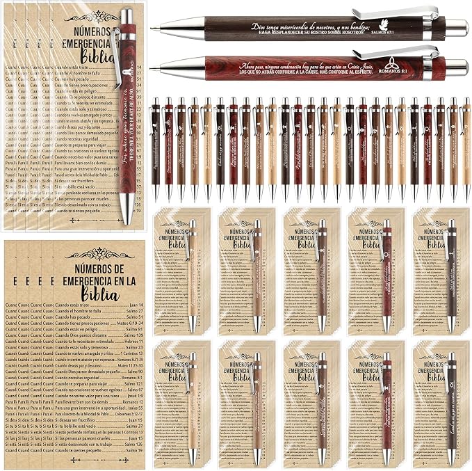 Feifeiya 25 Sets Christian Fathers Day Pens Bulk Bible Verse Religious Ballpoint Bamboo Pens with Bible Verse Emergency Numbers Bookmarks Church Gifts for Women Men Pastor Godfather Teacher (Spanish)