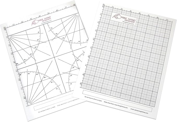 2 x Lettersize 'Freehand Designer' Sheets. Draw Perfect Straight Lines Templates. 1 x Grid Sheet for Scale Drawings, 1 x Protractor Sheet for Angles.