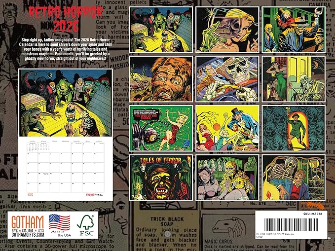 Retro Horror Calendar 2026 Classic Monsters Monthly Wall Calender 12 Month | American Made In The USA