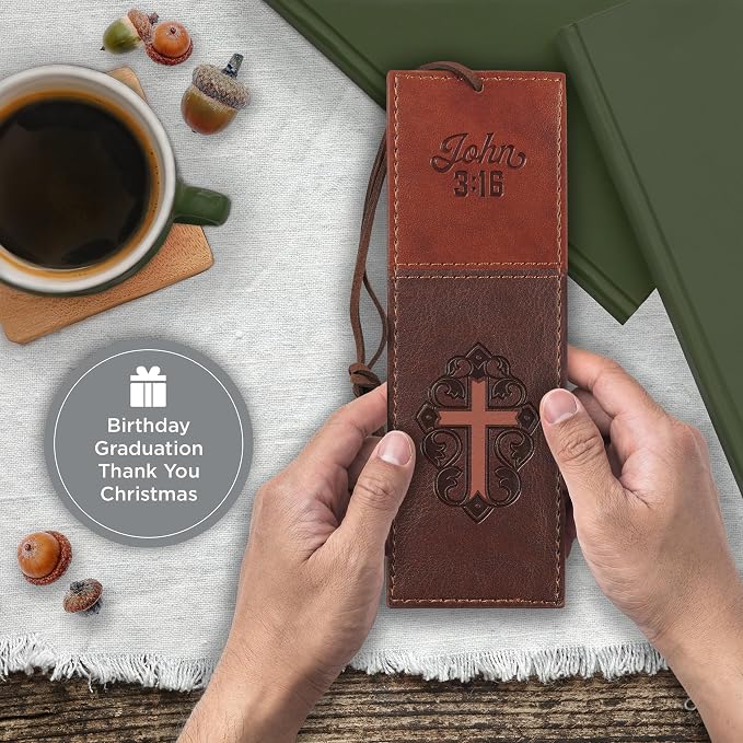 Christian Art Gifts Premium Vegan Faux Leather Scripture Bookmark for Men & Women: Cross - John 3:16 Inspirational Bible Verse, Heat-Debossed, Faith-Based Reading Accessory with Cord, Two-Tone Brown