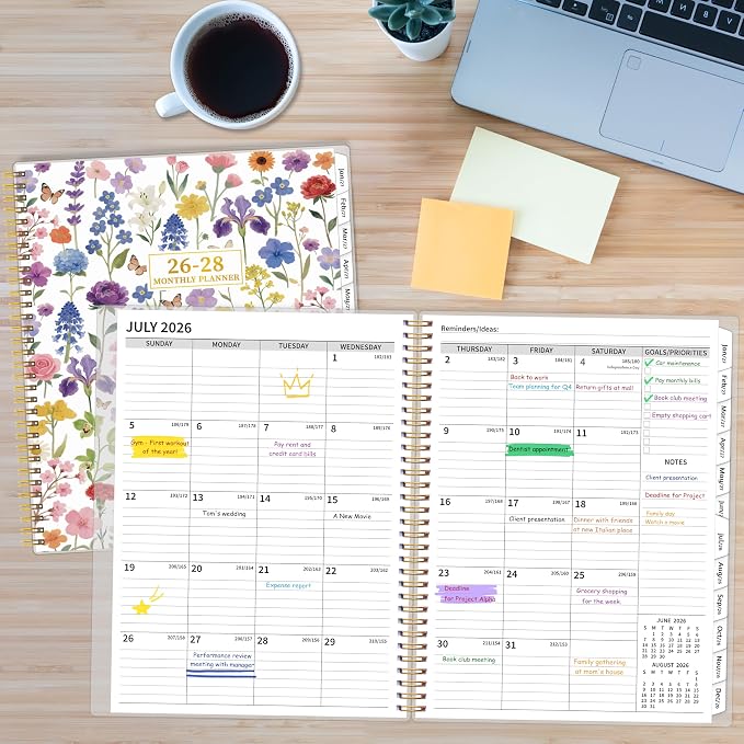 2026-2028 Monthly Planner, 2 Year Calendar Planner, Jul 2026 - Jun 2028, 8.5’’ x 11’’, Large Spiral Agenda, 24 Months, with Tabs ＆Pocket, Flexible Cover, Organizer for Office Home School, Flowers