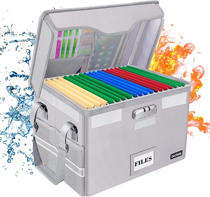 DocSafe Fireproof Document Box with Lock,File Storage Organizer with Zipper Pockets,Collapsible Portable File Box Home Office Safe Filing Cabinet with Handle for Hanging Letter/Legal Folder,Silver