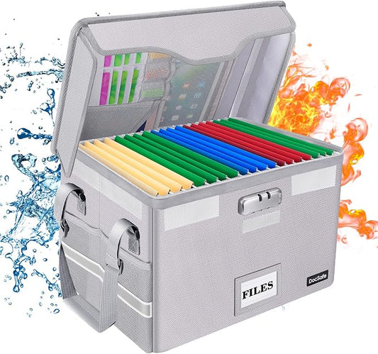 DocSafe Fireproof Document Box with Lock,File Storage Organizer with Zipper Pockets,Collapsible Portable File Box Home Office Safe Filing Cabinet with Handle for Hanging Letter/Legal Folder,Silver