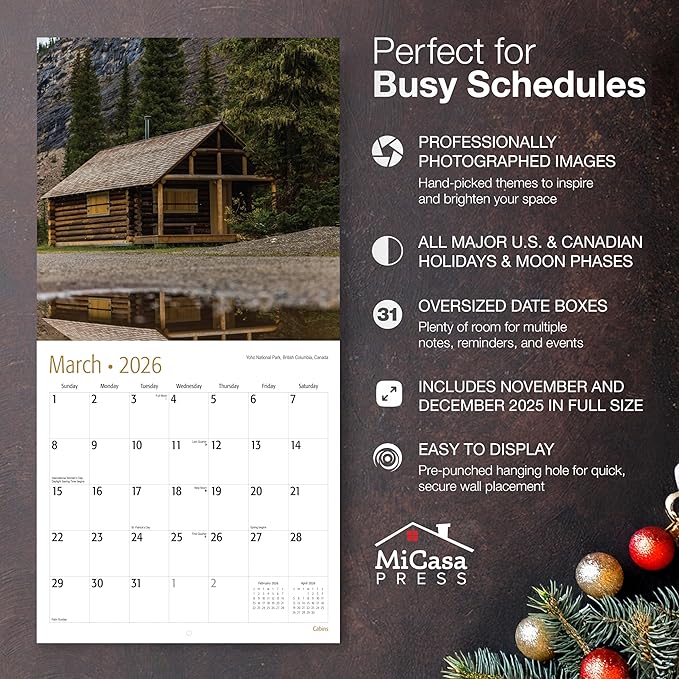 MICASA PRESS Cabins 2026 Wall Calendar 12 Month | 12" x 24" Open | Thick & Sturdy Paper | Giftable | Log Cabin Life Travel Calendar 2026