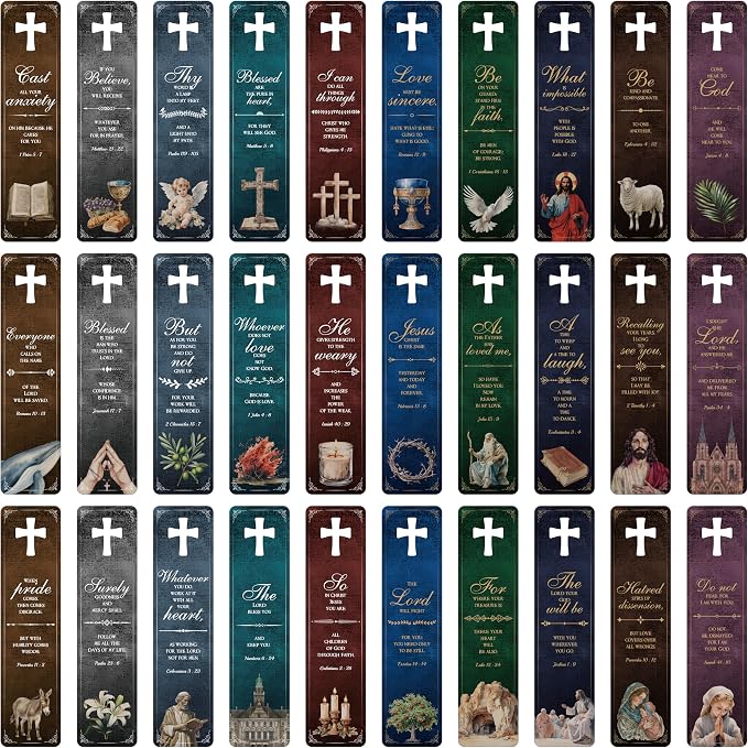 120 PCS Bible Bookmarks, 30 Designs with Hollow Cross Double Sided Printing Bookmarks, Christian Motivational Bookmarks for Women, Men, Church, Book Lovers (1.8” x 7.1”)