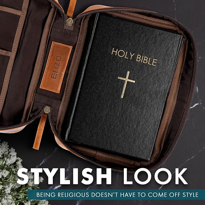 ELIZO Leather Bible Cover for Men Bible Case Women Holder Carrying Organizer Wrap Sleeve Protector Christian Religious Gift Cross Bookmark – Standard Cognac
