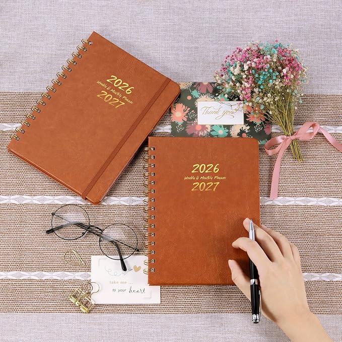 Planner 2026-2027 - Weekly & Monthly 2026-2027 Planner with Twin-Wire Binding, JULY 2026 - JUNE 2027, 6.3" x 8.4", Hardcover with Monthly Tabs, Back Pocket, Thick Paper - Brown