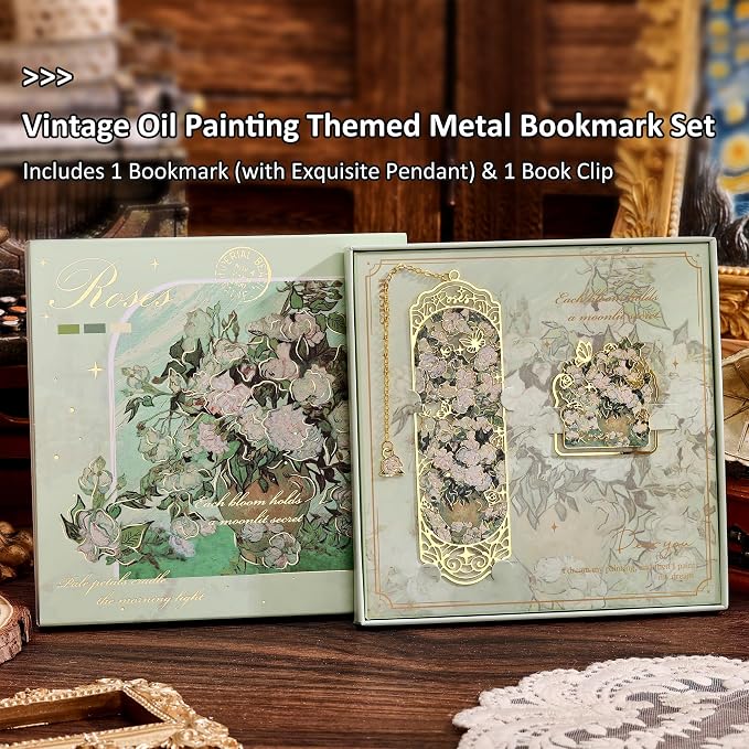 Luxury Metal Bookmark & Book Clip Gift Set, Oil Painting Themed Roses, 1 Bookmark with Pendant + 1 Book Clip, Elegant Christmas New Year Gift Box for Women Book Lovers Writers Readers Teenage