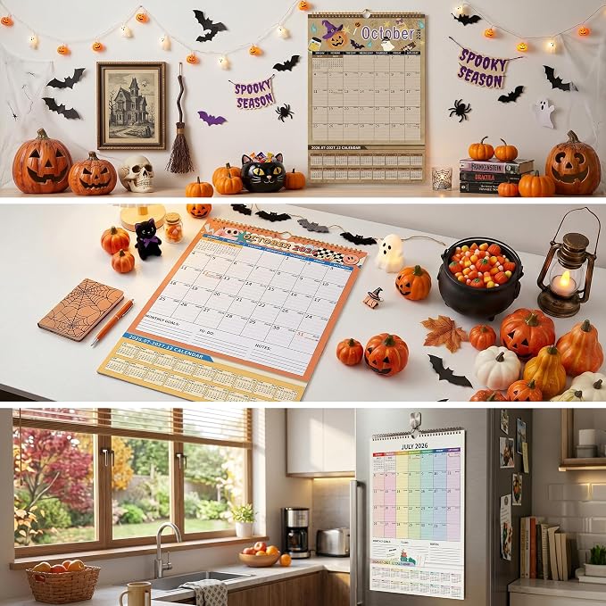 Ospelelf Wall Calendar 2026-2027 with Storage Pockets, 17" X 12" Monthly Large Planner Pad with Protective Cover and Stickers, for Family Fridge Office Teacher School, Use July 2026 to December 2027 Cartoon