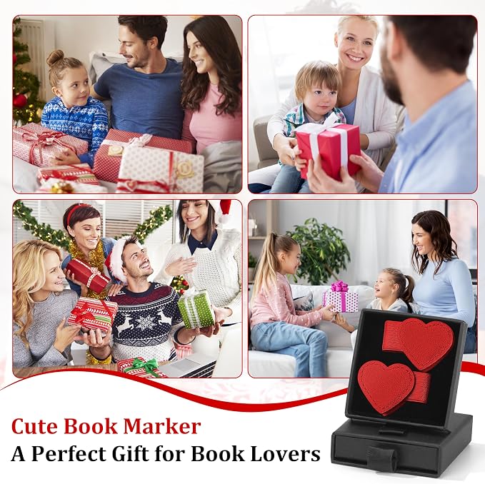 2Pcs Magnetic Leather Heart Bookmarks with Pen Holder, Cute Book Markers Clip with Gift Box, Reading Accessories for Book Lovers Women Teachers Students, Red