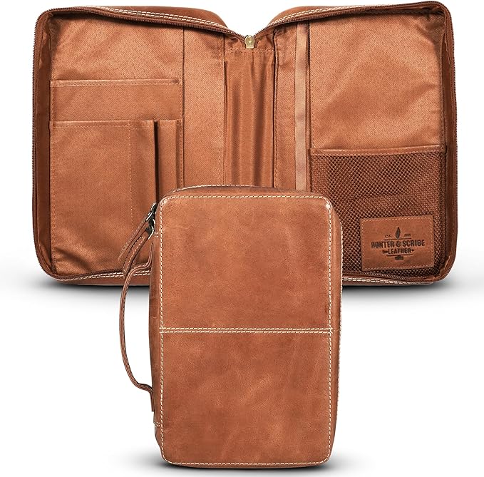 Hunter & Scribe Leather Bible Covers for Men and Women - Top Grain Buffalo Leather - Genuine Leather Bible Cover with Pockets, Zipper, and Bookmark - Bible case - Book Cover - Large Light Brown