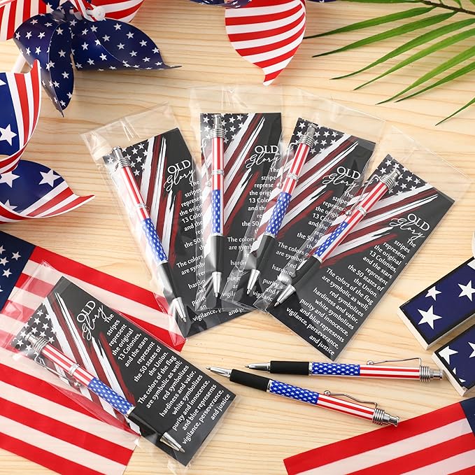 24 Sets American Flag Ballpoint Pens Bulk USA Patriotic Themed Black Ink Retractable Pen Stars Stripes Bookmarks Stationery 250th Anniversary Souvenirs for Memorial Day Veterans Home Office Army