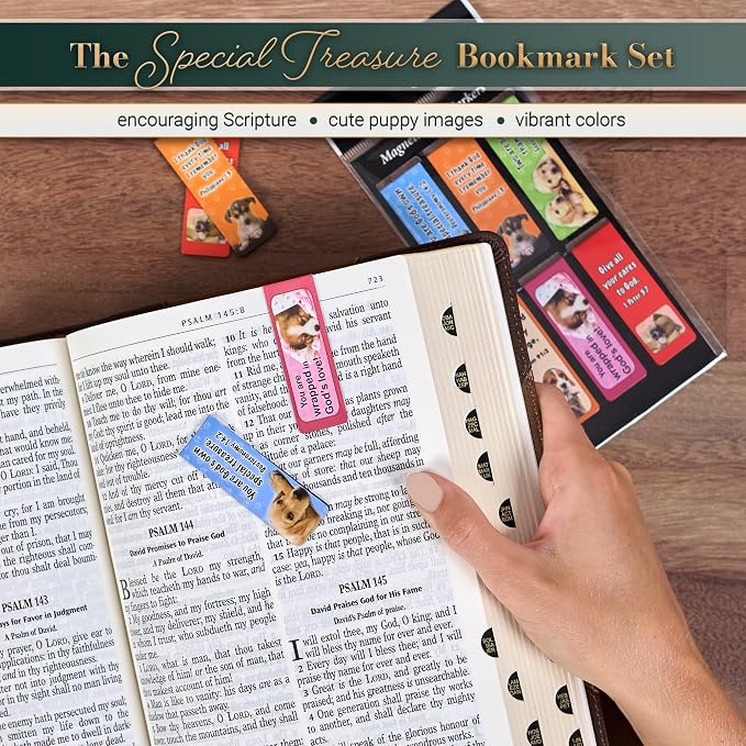 Christian Art Gifts Magnetic Scripture Bookmark Set with Bible Verse: Special Treasure - Deuteronomy 14:2 Inspirational Puppy-Themed Magnetic Pagemarker Set of 6 for Bibles and Books Size 2.3" x 0.8"