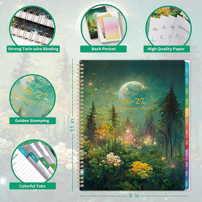2026-2027 Appointment Book/Planner - Appointment Book 2026-2027, Jul.2026 - Jun.2027, 9" x 11", Daily/Hourly Planner 2026 2027 with 30-Minute Increments, Twin-Wire Binding + Colorful Tabs + Back Pocket, Dreaming Moon