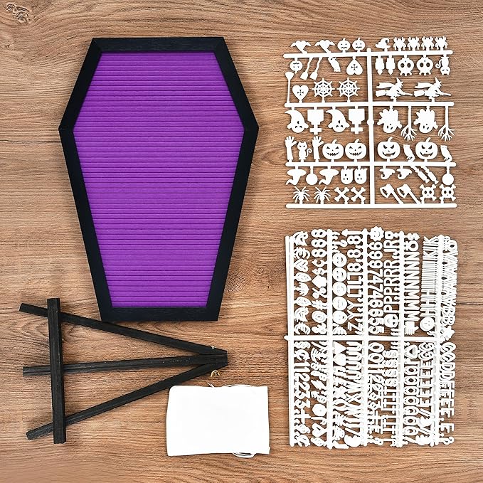 Coffin Letter Board - 520 Characters Spooky Halloween Characters with Wooden Stand and Canvas Bag - 16x11 Inches - Felt Message Board for Home Office Halloween Supplies & Decor (Purple)