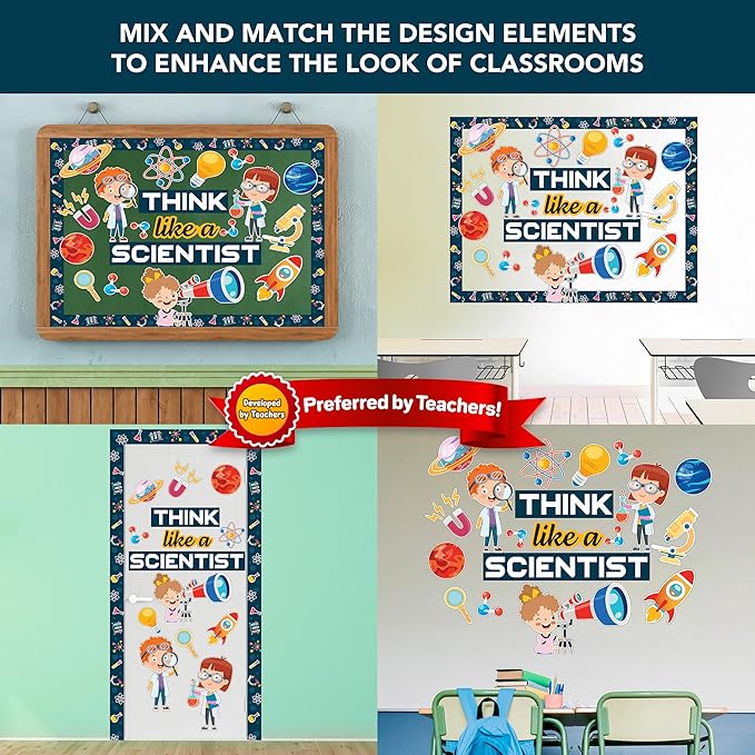 Decorably 48 Pcs Cutouts Science Bulletin Board Decorations Set with Borders - Education Learning Decor for Classroom Walls, Hallways, School, Homeschool