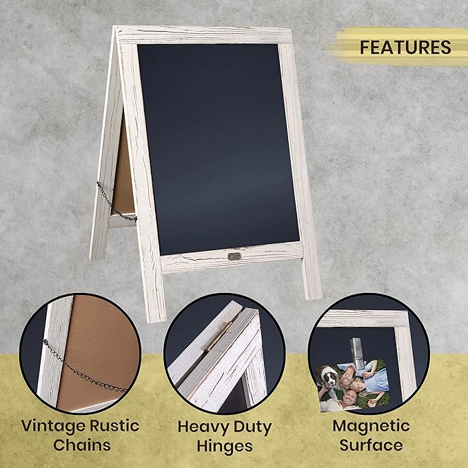 A Frame Chalkboard by HBCY Creations: 20x30 Solid Wood A-Frame Sign Whitewashed Double-Sided Magnetic Board, Chalkboard Menu Board, for Restaurants, Cafés, Weddings - Heavy Duty Hinges