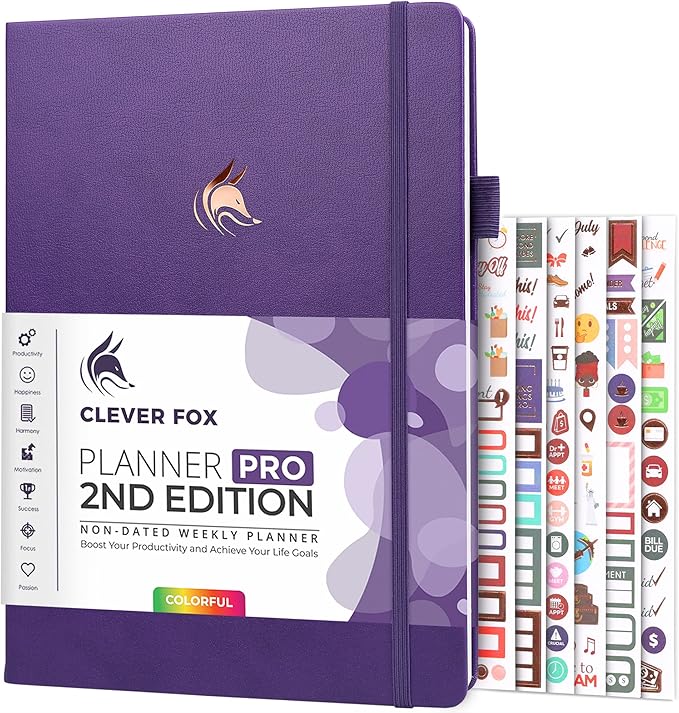 Clever Fox Planner PRO 2nd Edition – Undated Weekly Agenda Planner for Setting Goals, Tasks & Time Management – Life Organizer with To-do Lists & Habit Trackers – Large Format, 8.5x11″ (Purple)