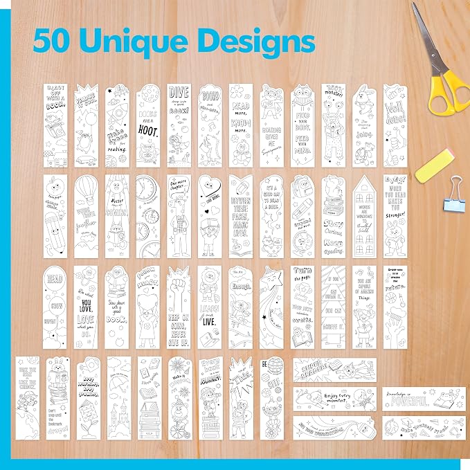 100 PCS Inspirational Bookmarks, 50 Designs DIY Coloring Book Markers Motivational Reading Page Holder for Students, Color Your Own Bookmark for Class Gifts, Kids, Adults, Teachers, Book Lovers