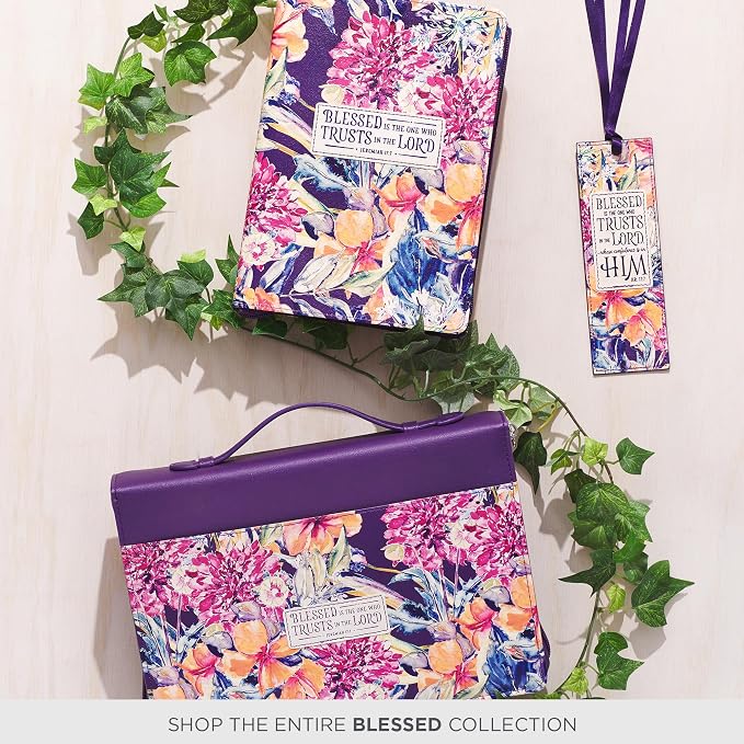 Christian Art Gifts Premium Vegan Faux Leather Scripture Bookmark for Women: Blessed Is The One - Jeremiah 17:7 Inspirational Bible Verse, Faith-Based Reading Book Accessory with Tassel, Purple Floral