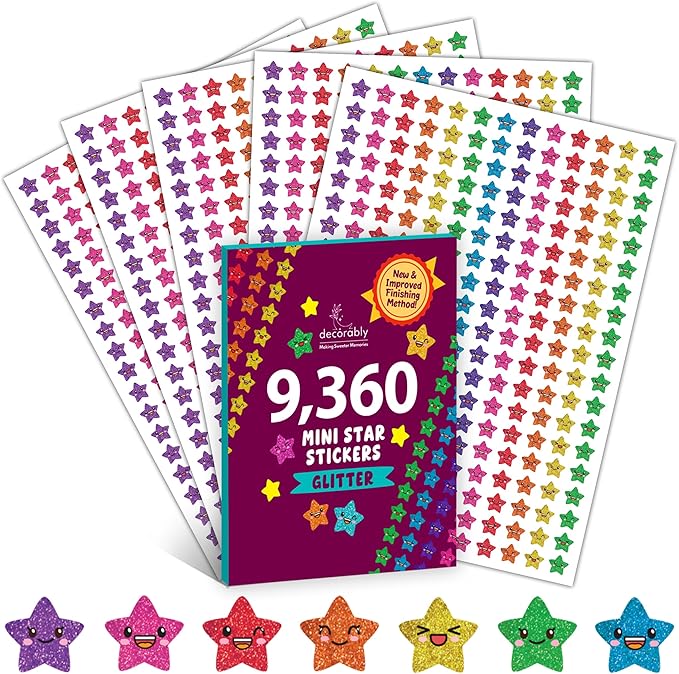 Decorably 9,360 Vibrant Small Star Stickers for Kids Reward - 45 Sheets with 5 Designs for Charts & Worksheets, Classroom Activities, Positive Reinforcement, Arts & Crafts, Scrapbooking, Gift