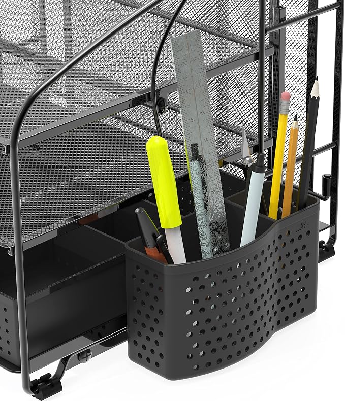 Simple Houseware 3-Tier Desk Organizer with Sliding Drawer, Hanging File Holder and Pen Holder Accessory, Black