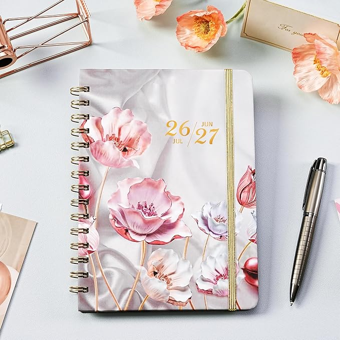 Bushypushy Planner 2026-2027 - Acdemic Planner 2026-2027 with Tabs, Jul. 2026 - Jun. 2027, 26-27 Calendar planner, Weekly and Monthly planner, 6.3" x 8.4", Back Pocket + Thick Paper - Pink Flower