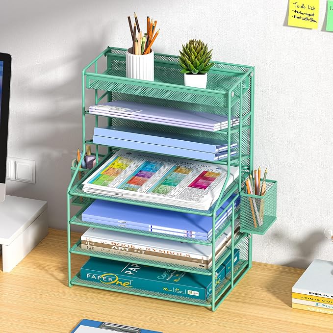 Green 7 Tier Office File Organizer, Letter Tray Paper Organizer with Pen Holder and Metal Hanging Basket, Vertical Desktop File Holder for Home Office Organization