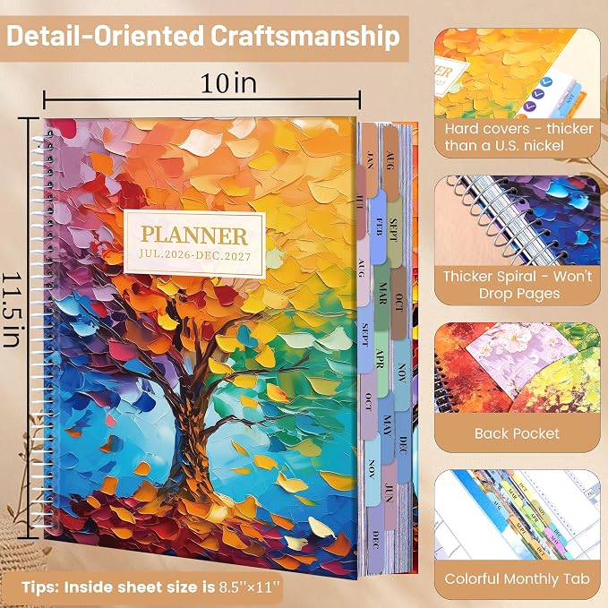 CAGIE Planner 2026-2027 Weekly and Monthly,18 Month (Jul. 26-Dec. 27) Planners Calendar with Hourly Timeslot, 10"x11.5", Large Hardcover Spiral Daily Planner with Tab for Work, Home,Teacher, Rainbow