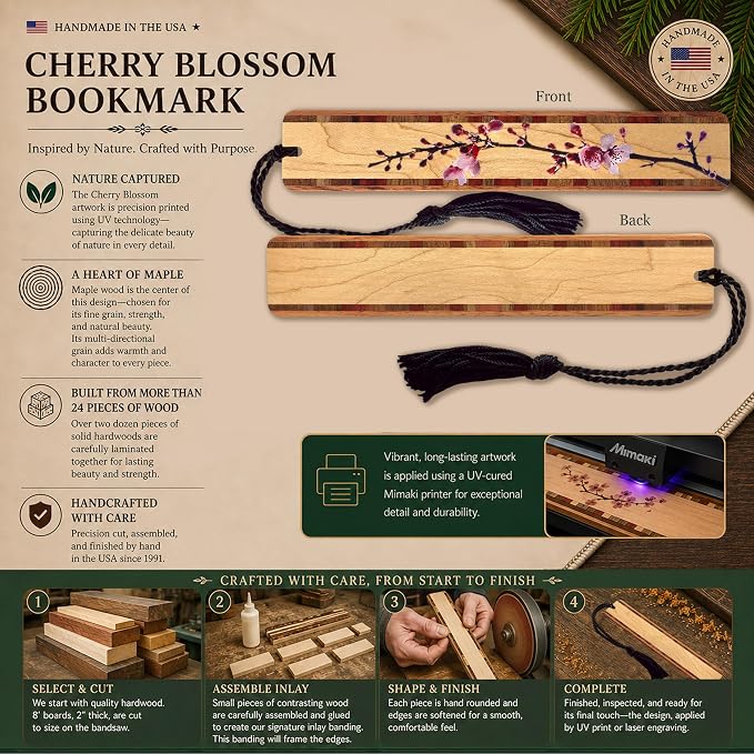 Cherry Blossom Sakura Wooden Bookmark | Japanese Botanical Floral Art | Gift for Gardeners, Flower Lovers, Plant Lovers, Nature Lovers & Readers | Handmade in the USA