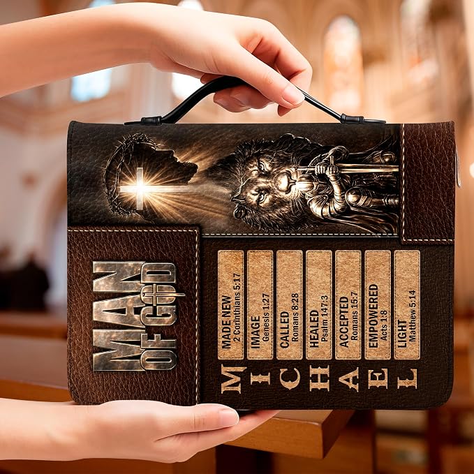 Personalized Man of God Bible Cover, God Says I Am Bible Case PU Leather, Bible Holder Handle Zipper, Faith Scripture with Name Case Bag, Religious Gifts for Church Christians Women Men (05)