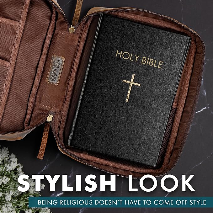 ELIZO Leather Bible Cover for Men Bible Case for Women Zippered Holder Protector Cross Church Tote Bag Carrying Organizer Sleeve Gift Study Antique