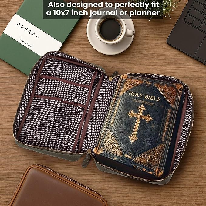 LEATHER VILLAGE Handmade Vintage Leather Bible Cover for Men & Women - Large Protective Bible Case & Organizer for Church, Travel & Study Christian Religious Antique Bookmark - Olive