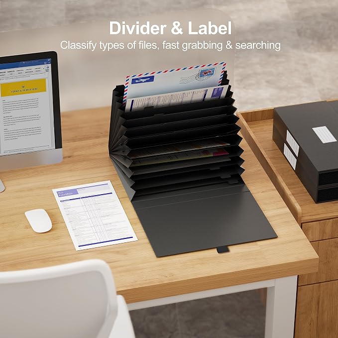 JiaWei Folder with Pockets, Accordion File Organizer with Magnetic Closure, A4 Letter Size Black File Folder