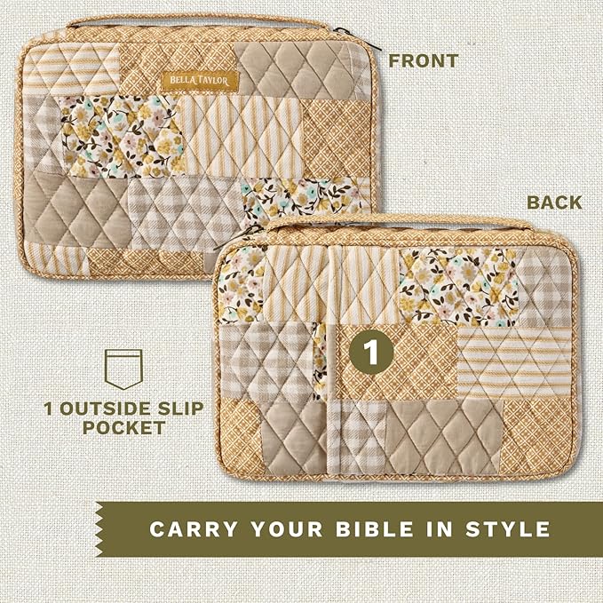 Bella Taylor Small Bible Cover for Women, Quilted Cotton Fabric Bible Case for 6 x 9 inch Bibles, Prairie Meadow Patch
