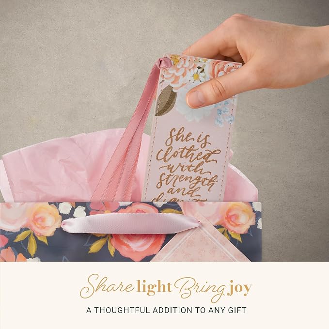 Christian Art Gifts Premium Vegan Leather Inspirational Scripture Bookmark for Women: Strength & Dignity Encouraging Bible Verse, Satin Ribbon, Reading Accessory, Books, Bibles, Pink Multicolor Floral
