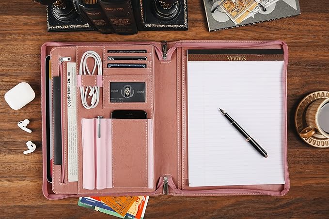 Padfolio for Women, Pink Leather Portfolio with Zipper, Vegan Leather Business Portfolio Organizer with A4 Writing Pad Holder for Resume, Interview, Meeting, Non-Custom