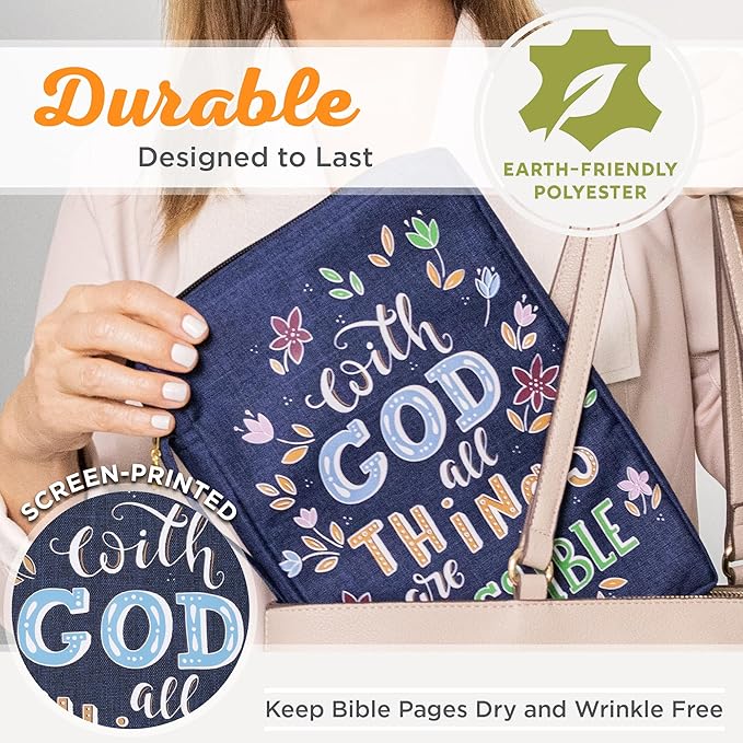 Christian Art Gifts Men/Women's Bible Cover with God All Things are Possible Matthew 19:26, Blue Floral Canvas, Medium
