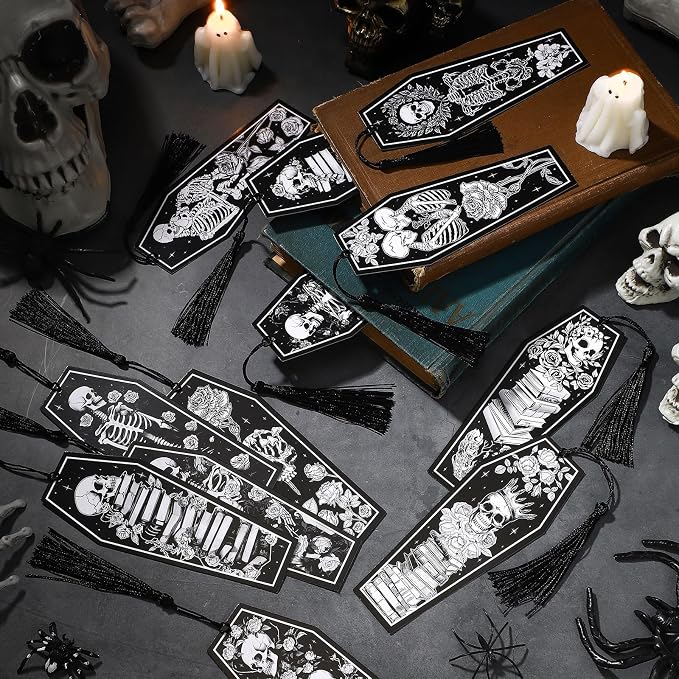 Kolldenn 60 Pcs 12 Styles Gothic Skeleton Coffin Bookmark Horror Bulk Bookmarks Double Sided Book Tracker Skull Gothic Book Marker with Black Tassels for Graduation Teacher Goth Party Favors Gifts