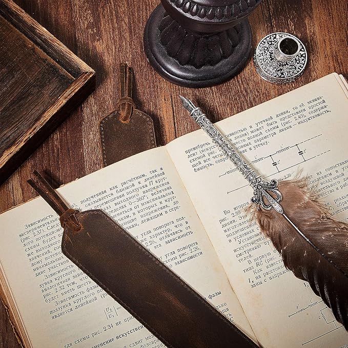 Outus 4 Pcs Father's Day Leather Bookmark, Classic Stitched Bookmarks with Tassel, Handmade Stitched Page Markers for Father Men Women Kid Teacher Student School Office Writer Christmas Friend Book