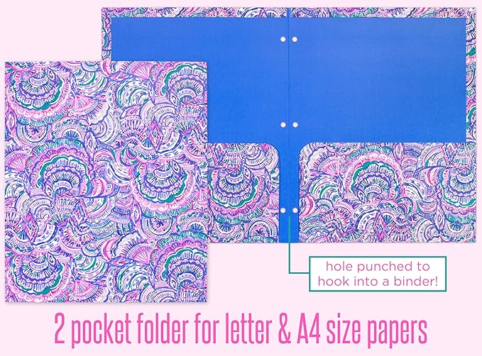 Lilly Pulitzer 3-Pack Pocket Folder Set, Colorful Letter Size Document Organizers, Folders Come Hole Punched to Fit Binders, Shell Me Something Good (Assorted)