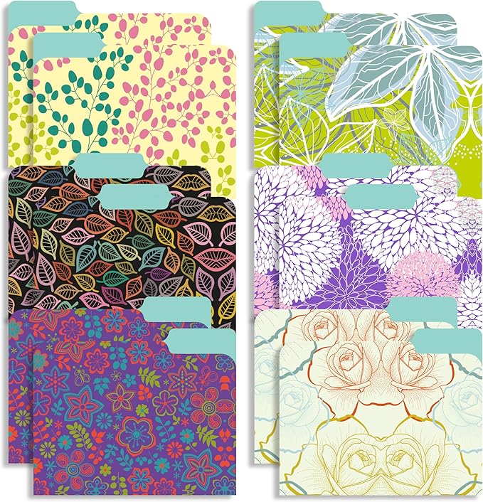 New Generation - 12 Pack Decorative 1/3 Cut Tab File Folders with Patterns Designs, Heavyweight, Letter Size (9.5" x 11.5") Laminated, Fashion Folders, for Home or Office. (Floral)