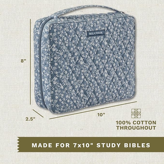 Bella Taylor Quilted Bible Cover for Women, Cotton Fabric Bible Case for Medium and Large Study Bibles, Heritage Blue Floral